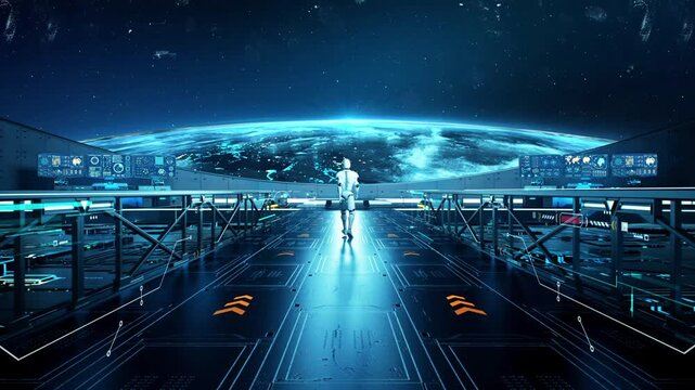 High tech robot walk on spaceship, a humanoid robot walks down a futuristic spaceship corridor towards a panoramic view of Earth from space, flanked by control panels and digital interfaces.