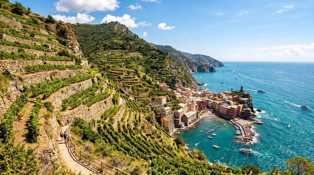 Stunning landscape view of Manarola in Cinque Terre, Italy, featuring lush terraced vineyards leading down to a colorful Mediterranean village nestled on the rocky coastline by the sea.