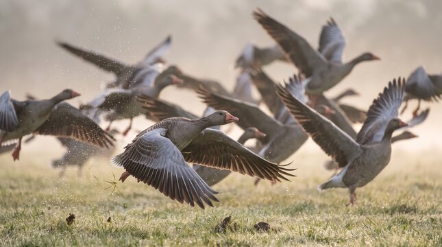 flock of greylag geese (anser anser) taking off from a wet meadow