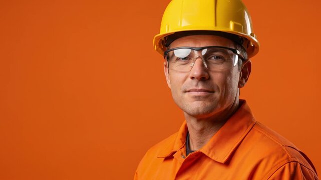 Portrait of male construction worker in yellow hard hat and safety glasses. Smiling builder engineer on orange background with copy space. Industrial manual labor concept