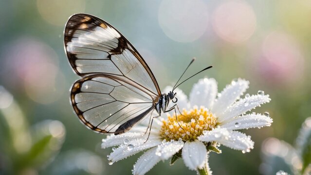 Glasswing Butterfly Perched on a Delicate White Flower in Soft Sunlight.