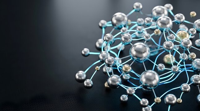 Abstract 3d network structure with glowing connections and metallic spheres on dark background