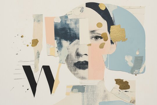 Paper collage with pastel blue abstract woman portrait and gold accents