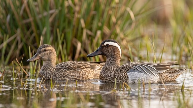 pair of garganey ducks (spatula querquedula) swimming in a reed wetland