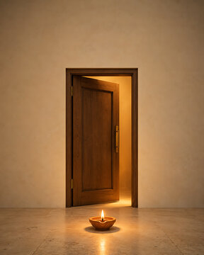 Lit diya oil lamp on floor in front of open wooden door with spiritual tradition entrance meditation ceremony festival hinduism religion interior architecture threshold darkness reflection
