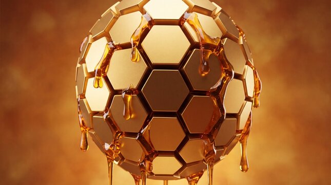 abstract sphere with golden honeycomb texture and glossy amber honey drips, futuristic geometric concept on solid warm background