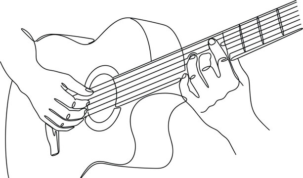 Guitarist hands plucking strings and pressing chords on acoustic guitar fretboard for a classical melody concert vector