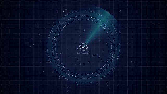 Abstract digital radar scan with glowing teal dots forming a circular pattern on a dark blue background, technology and data visualization