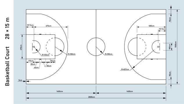 Basketball Court Dimensions Blueprint, Top View on White Background. Technical court layout with official markings, hoops, center circle and dimension lines for coaching and infographics.