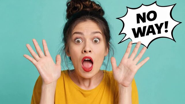 Shocked young woman reacting with disbelief and open mouth. Surprised female portrait on cyan background with animated comic speech bubble text saying no way