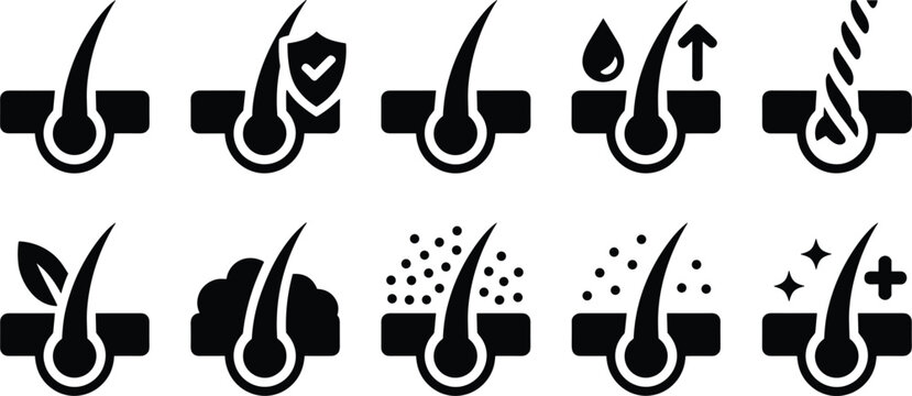 Hair care follicle treatments follicle protection growth serum dandruff control and scalp health icon set vector illustration