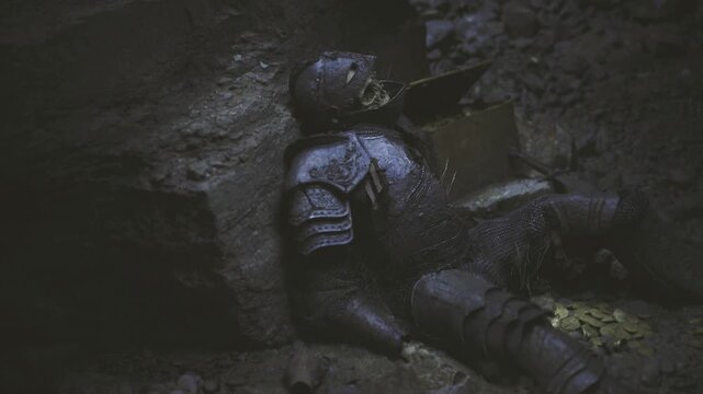 Rusted armor beside treasure chest, shadowy cavern with scattered coins, broken helmet on damp stone, faint torch glow creating moody cinematic atmosphere,