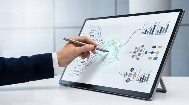 Professional analyzing machine learning data on interactive screen