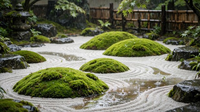 Tranquil Japanese Zen Garden with Mossy Islands and Raked Sand.