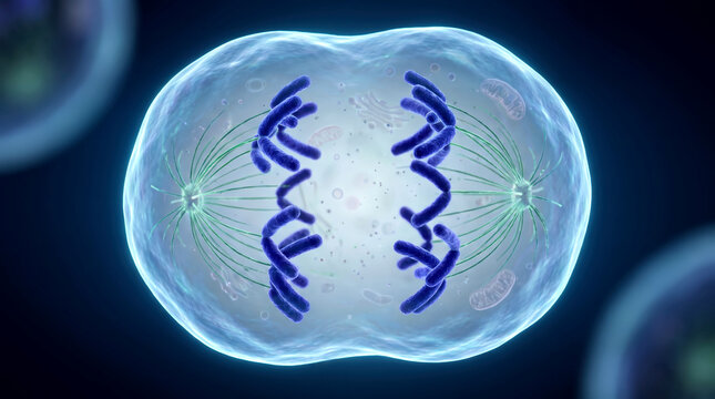 Metaphase stage of mitosis with chromosomes gathering at the center of the cellular structure