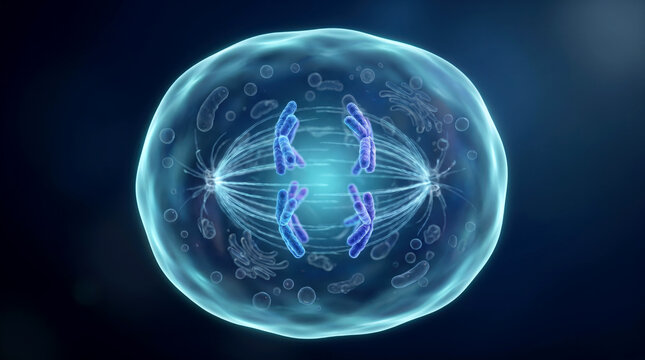 Detailed visualization of metaphase mitosis showing chromosomes aligned perfectly at the cell center