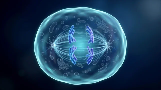 Detailed visualization of metaphase mitosis showing chromosomes aligned perfectly at the cell center