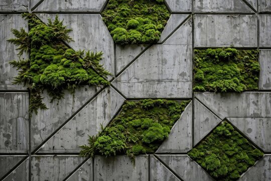 Modern Geometric Concrete Wall with Lush Green Moss and Plants.