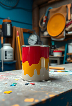 Red and yellow paint dripping down a white can on a messy workshop table with colorful paint splatters, the table is covered in colorful paint splatters and small, shaped pieces of dried paint