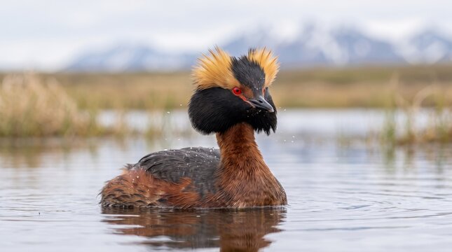 horned grebe (podiceps auritus) displaying colorful breeding plumage on a lake