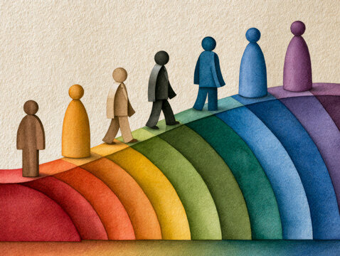 Open leadership is shown in organizational thinking with clarity as diverse human figures walk together on colorful rainbow path symbolizing unity and progress