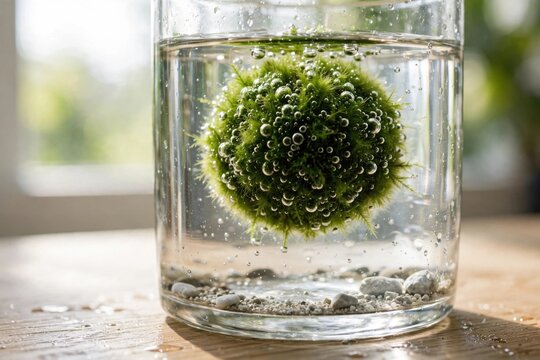 Close-up of a Marimo Moss Ball floating in a clear glass jar with small pebbles at the bottom.