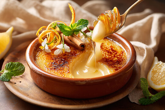 Classic Catalan custard dessert with crisp caramelized sugar and citrus aroma