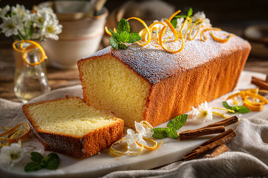Moist Spanish lemon sponge cake dusted with powdered sugar and fresh citrus zest