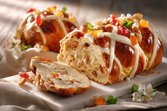 Festive Spanish sweet bread decorated with candied fruit and creamy icing