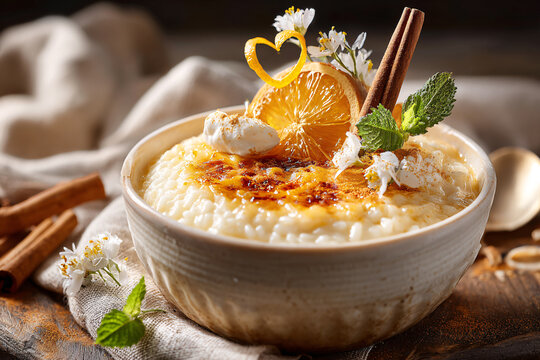 Creamy Spanish rice pudding flavored with cinnamon and citrus in a rustic bowl