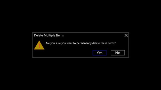 Delete Confirmation Dialog Box Animation on Black Background. Permanently Delete Multiple Items Popup Window, Warning Message and User Interface Motion Graphics. 4K Video.,..!