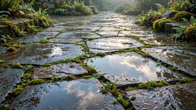 Mossy Stone Pathway Reflecting the Sky After a Gentle Rain.