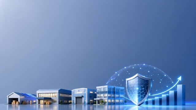 Innovative Visual Representation of Business Resilience and Growth with Digital Protection Symbol and Modern Buildings