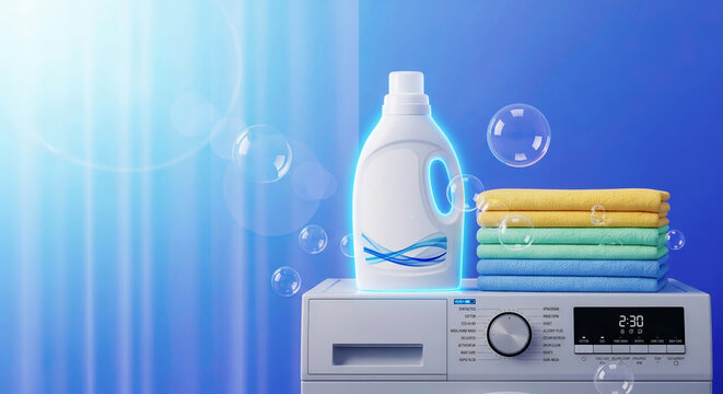 White detergent bottle on washing machine with stack of colorful towels and soap bubbles in blue light.