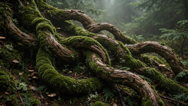 Ancient Forest Tree Roots Covered in Lush Green Moss.