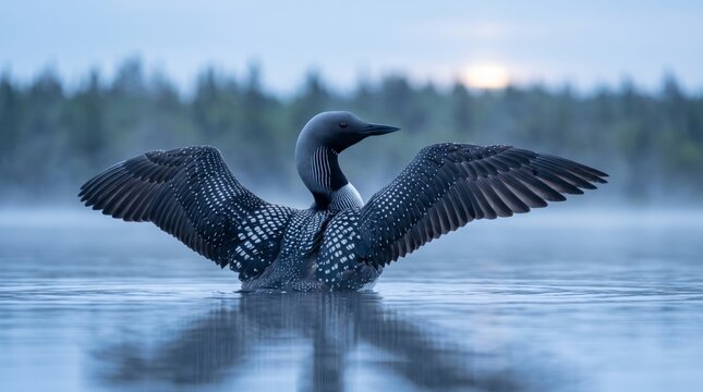 black-throated loon (gavia arctica) spreading its patterned wings on a lake