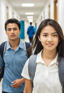 Smiling young asian female student with backpack walking in school hallway with male classmate, a male classmate is visible behind her, also carrying a backpack