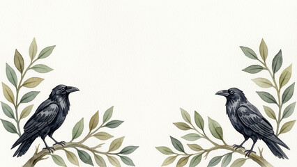 Obraz premium Hand-painted watercolor artwork featuring multiple black ravens among green and brown botanical leafy branches, forming a decorative corner frame layout.