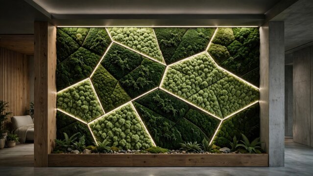 Modern Geometric Moss Wall Art with Integrated LED Lighting.