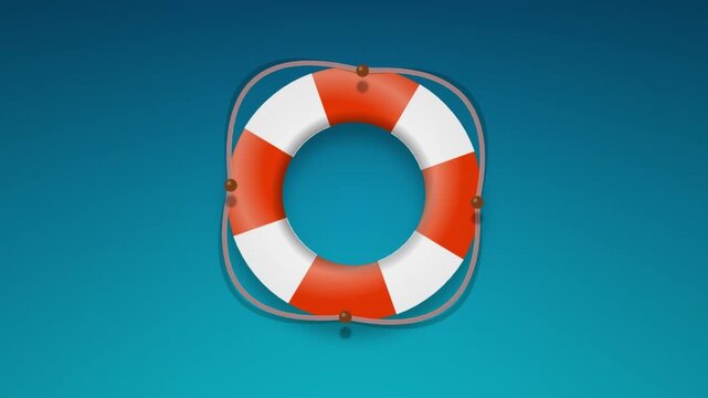 Orange and white ring buoy with rope, symbolizing safety, rescue, and emergency assistance on a blue background