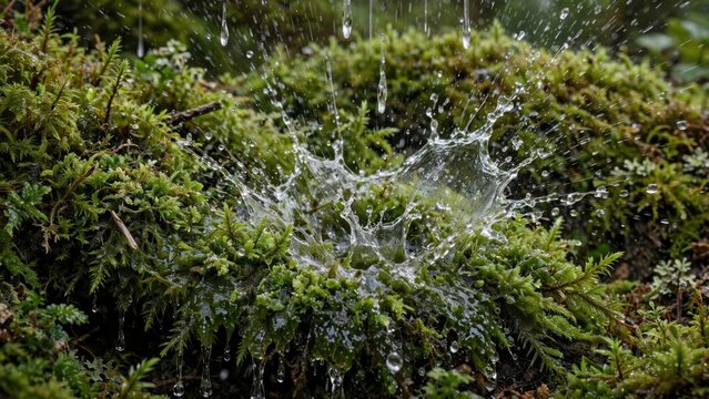 Close-up of Water Splashing on Lush Green Moss in a Forest.