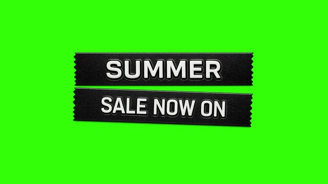 SUMMER SALE NOW ON vintage retro embossed label graphic animates onto the screen. chroma key green 4k