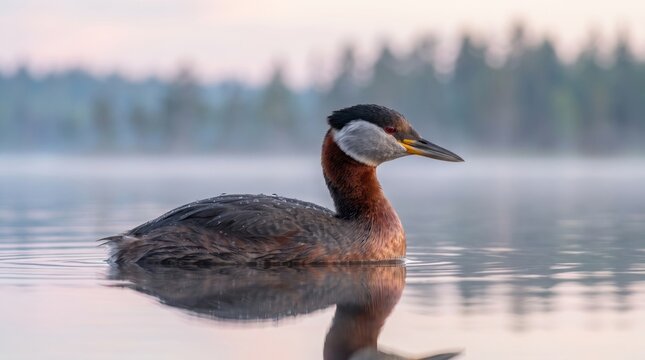 red-necked grebe (podiceps grisegena) swimming on a calm lake at dawn