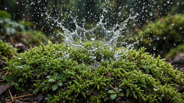 Close-up of Water Splashing on Lush Green Moss in a Forest.