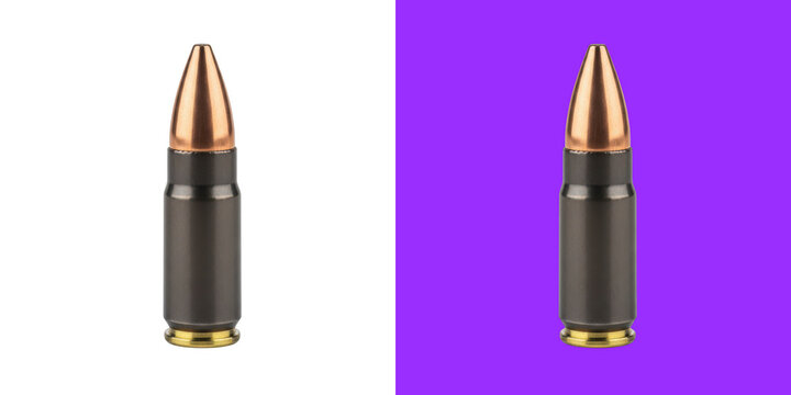 A single copper and metal rifle bullet cartridge standing upright on a flat surface isolated transparent png