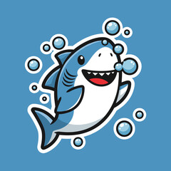Naklejka premium An adorable cartoon shark character with a wide smile and big eyes, surrounded by playful bubbles. This cheerful illustration is perfect for kids' designs, ocean themes, and fun branding.