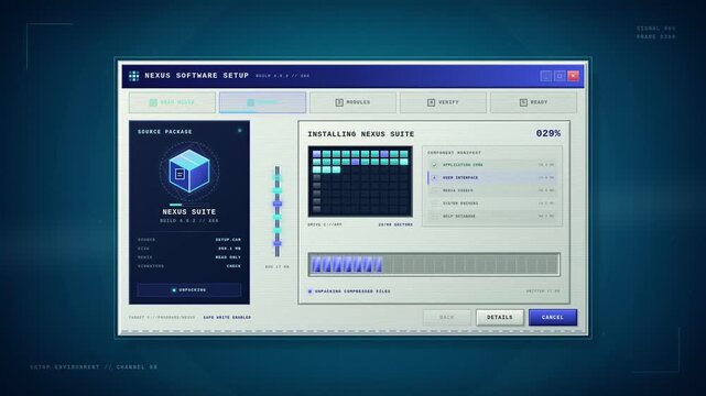 Software installer interface fills progress bars and confirms installation completion