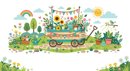 Naklejka premium A charming vector scene showcasing a blue flower cart laden with vibrant blossoms in a sunny meadow featuring a rainbow and birds.