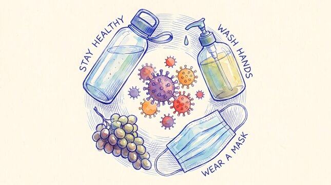 Health and Wellness Protective Measures Illustration for Virus Prevention