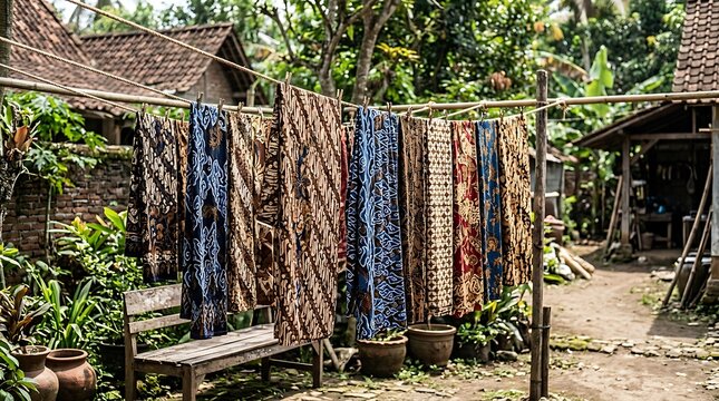 Traditional batik fabrics drying on a clothesline in a village